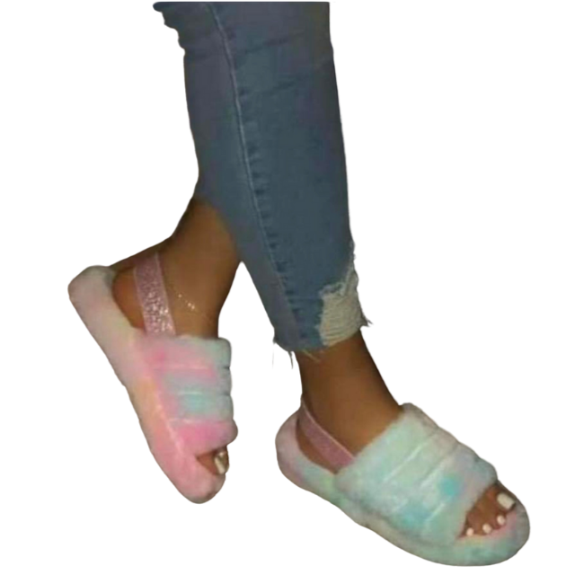 Womens Fluff Slide Slipper Soft Plush Open Toe House Shoes with Elastic Sling Back